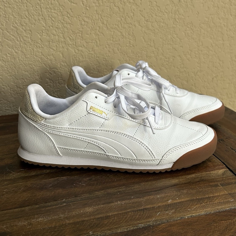 PUMA Turino II OG Women's Sneakers Size 8.5 White Gold Logo‎ Shoes